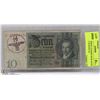 Image 1 : WWII GERMAN 10 MARK BANK NOTE STAMPED WAFFEN SS