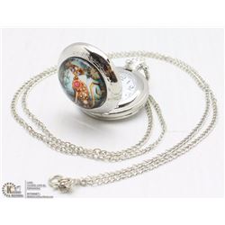 SILVER TONED STEAM PUNK CAT POCKET WATCH ON CHAIN