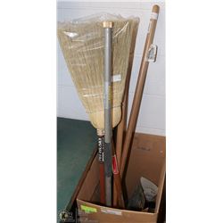 LOT OF BROOM HANDLES, CORN BROOMS AND OTHERS