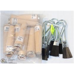LOT OF 9 STEEL WIRE BRUSHES AND BAG OF HANDLES