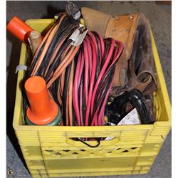 CRATE OF ASST TOOLS, CORDS AND MORE