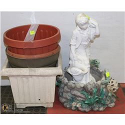 LOT OF GARDEN DECOR INCL 4 POTS & 2 ORNAMENTS