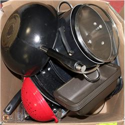 BOX OF ASST POTS/PANS INCL ROASTERS, WOK & MORE
