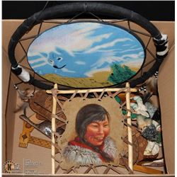 LARGE BOX WITH ASSORTED NATIVE ORNAMENTS AND WALL