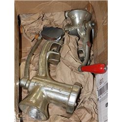 LOT OF 2 VINTAGE MEAT GRINDERS W/  ALL ACCESSORIES