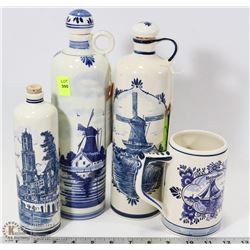 4 DELFT BLUE PIECES INCL3 BOTTLE DECANTERS, W/