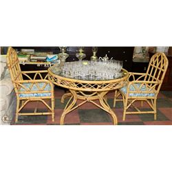 BAMBOO AND WICKER GLASSTOP TABLE WITH 2 ARMCHAIRS