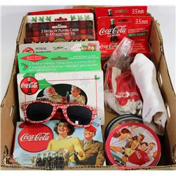 COCA COLA FLAT OF COLLECTIBLES INCL PLAYING CARDS