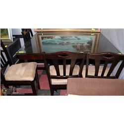 WOOD BAR TABLE WITH GLASS TOP AND 4 STOOLS