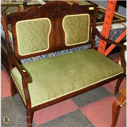 ANTIQUE WOOD CARVED LOVE SEAT WITH ORIGNIAL WOOD