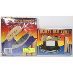 2 NEW ALASKA ULU KNIVES (ONE IN STAND & ONE W/
