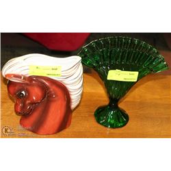 GREEN GLASS FLUTED VASE WITH CERAMIC HORSE VASE