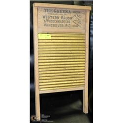 VINTAGE WOOD AND BRASS WASHBOARD
