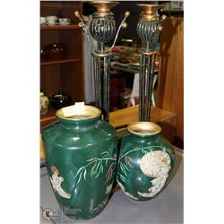 MATCHING 2 GREEN TONE VASES AND CANDLE HOLDERS