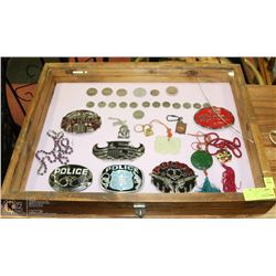 ESTATE DISPLAY CASE OF COINS, BELT BUCKLES AND