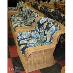 WICKER COUCH & 2 WICKER CHAIRS W/ FLORAL CUSHIONS