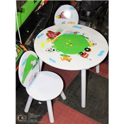 CHILDS WHITE TABLE W/ STORAGE IN CENTER & 2 CHAIRS