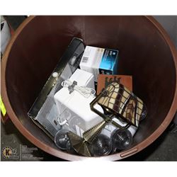 BIN OF ASSORTED LIGHTS, RADIO, SCALE AND MORE