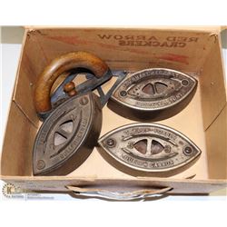 BOX OF ANTIQUE SAD IRONS