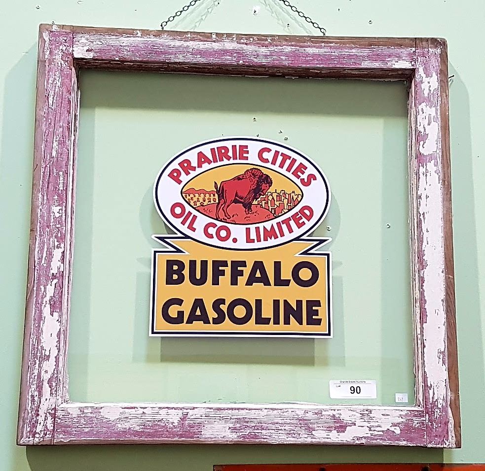 VINTAGE WINDOW W/BUFFALO GASOLINE DECAL