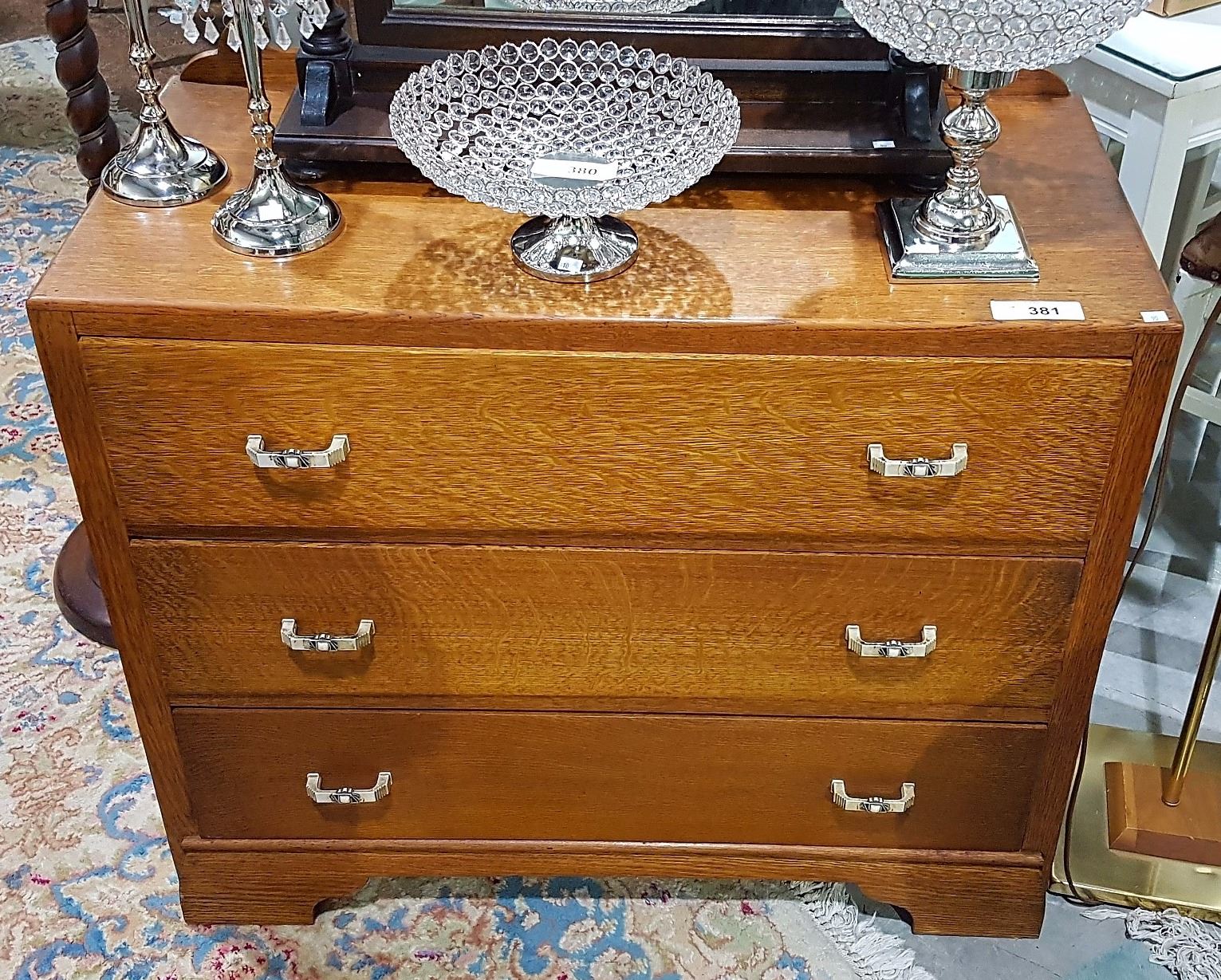 THREE DRAWER OAK DRESSER W/BAKELITE HANDLES