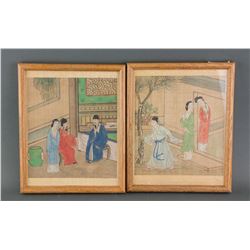 Pair Chinese Watercolour on Silk with Frame