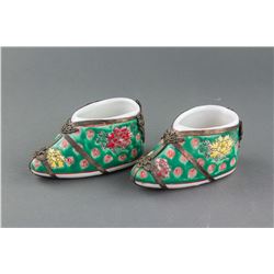 Pair Chinese Porcelain and Silver Shoes with Marks