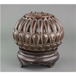 Chinese Bronze Lotus Censer with Stand and Mark