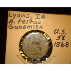 48.    1868 U.S. Shield Nickel countermarked "AP JP" at 90 degree angles to each other. This piece i