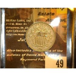 49.    1868 U.S. Shield Nickel countermarked "AP" This piece is listed in the new 'Brunk' catalog ac
