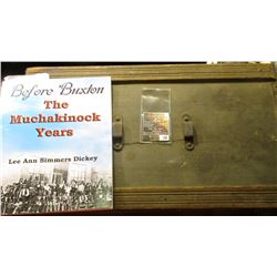 100.10.5" x 10.5" x 17" Wooden box with cloth and metal strips covering, latches but no key, missing