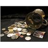 Image 2 : 384.Silver Plated Mug with clear glass bottom. Includes a nice mess of unsorted Foreign Coins and To