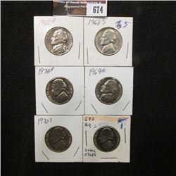 674.1968 D, 68 S, 69 D, 69 S, 70 D, & 70 S Jefferson Nickels, All Gem Brilliant Uncirculated.