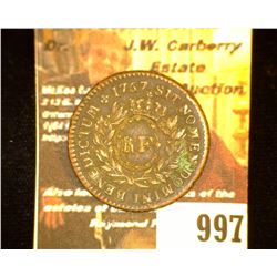 997.1767 Colonies Francaise Copper of Gaudeloupe. c/s "RF". 3 Sous 9 Deniers. 'Doc' states this piec