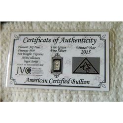 BULLION BAR - .999 FINE SILVER - 2015 USA MINT - SEALED AND CERTIFIED - 5 GRAINS