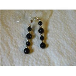 EARRINGS - BLACK ONYX GEMSTONE BEADS & SILVER BEADS - APPROX.2" LONG - 925 SILVER POST & BUTTERFLY B
