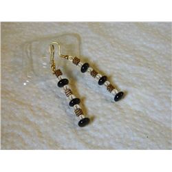 EARRINGS - BLACK ONYX GEMSTONE BEADS, CUBES & CLEAR BEADS - APPROX.2" LONG - GOLD FINISHED STAINLESS