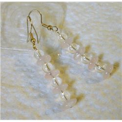 EARRINGS - NATURAL ROSE QUARTZ GEMSTONE BEADS & CLEAR BEADS - APPROX.2" LONG - GOLD FINISHED STAINLE