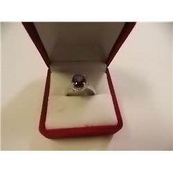 RING - 1.75CT OVAL FACETED AMETHYST & 2 DIAMONDS IN STERLING SILVER SETTING - INCLUDES CERTIFICATE $