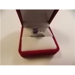 RING - 1.5CT EMERALD FACETED AMETHYST & 2 DIAMONDS IN STERLING SILVER SETTING - INCLUDES CERTIFICATE