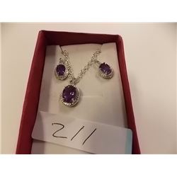 NECKLACE & EARRINGS - 3.45 CTWOVAL FACETED AMETHYST & DIAMONDS IN STERLING SILVER SETTING - INCLUDES