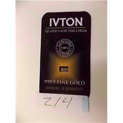 INVESTOR BAR - .9999 GOLD IVTON INVERTOR BAR - 1 GRAIN EACH - MINT SEALED WITH SERIAL NUMBERED & CER
