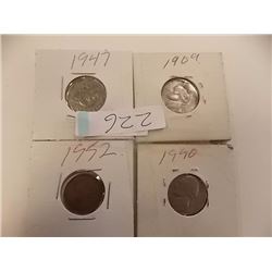 PENNIES - 1904 - 1990 - 1952 - 1946 & 1947 NICKLE = 4 PC TTL