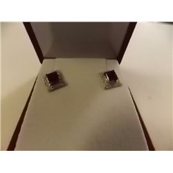 EARRINGS - NEW PRINCESS FACETED GARNET & 2 ROUND FACETED DIAMONDS IN STERLING SILVER SETTING - RETAI