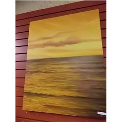 FRAMED OIL ON CANVASS - SUNSET OVER OCEAN
