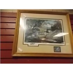 FRAMED LIMITED COMMEMORATIVE PRINT - KEN ZYLLA - PHEASANTS - "NARY A CARE" - 24 X 20" FRAME - WITH S