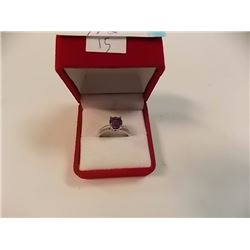 RING - ROUND FACETED PURPLE AMETHYST & 2 ROUND FACETED DIAMONDS IN STERLING SILVER SETTING - RETAIL 