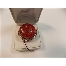 RING - LARGE & BOLD - 1" DIAMETER CENTER AMBER COLORED STONE - IN STERLING SILVER SETTING - SZ 8