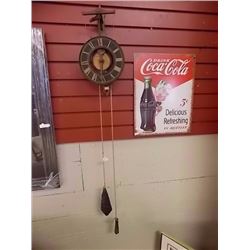 FOLK ART WALL CLOCK WITH CAST IRON WEIGHTS