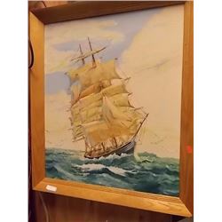 WOOD FRAMED PICTURE - TALL SHIP IN STORM - OIL ON CANVASS